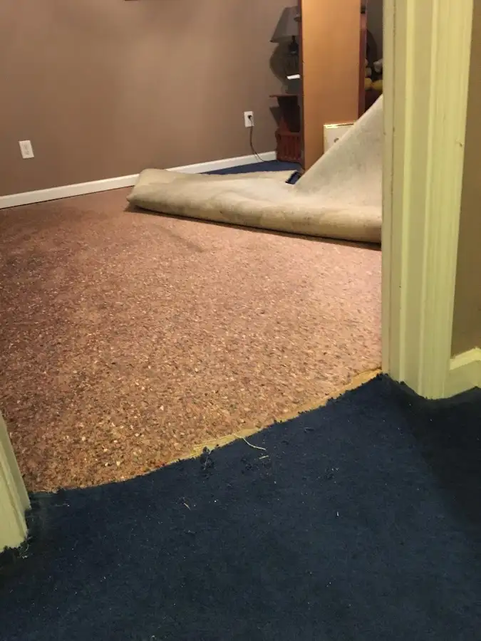 Carpet pad removal revealing water damage during Water Mitigation Services in Marysville